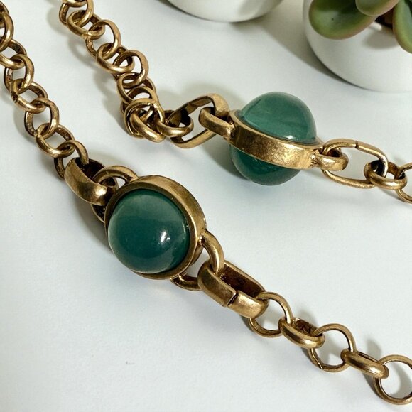 Vintage Coldwater Creek Green Cabochon Statement Necklace Gold Tone 32" - Picture 6 of 11